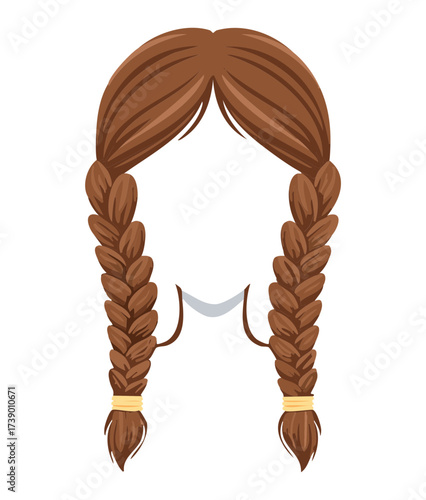 Woman with Two Classic Long Braids Dark Brown Hair Pigtails Simple Style