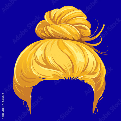 A relaxed and casual messy blonde bun hairstyle complemented by light wispy bangs for a soft and charming look