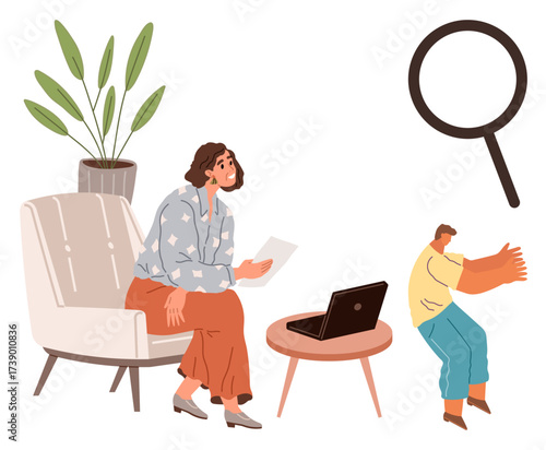 Woman sits on chair holding paper, laptop sits on table, man gestures by magnifying glass and plant. Ideal for research, analysis, work, exploration, curiosity collaboration discovery. Simple flat