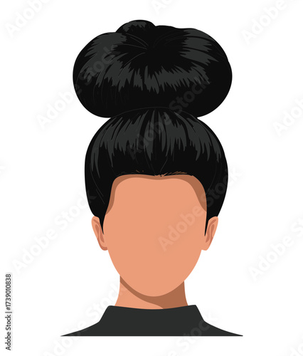 A unique and trendy double bun updo with sleek dark hair creating a modern and playful hairstyle statement