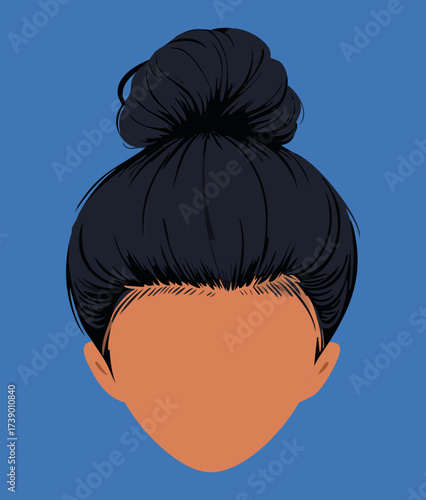 A flawless and sleek high topknot bun with jet black hair on a female model for a minimalist look