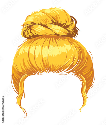 A vibrant and perfectly shaped high bun hairstyle with a bright yellow-blonde color for a bold fashion statement