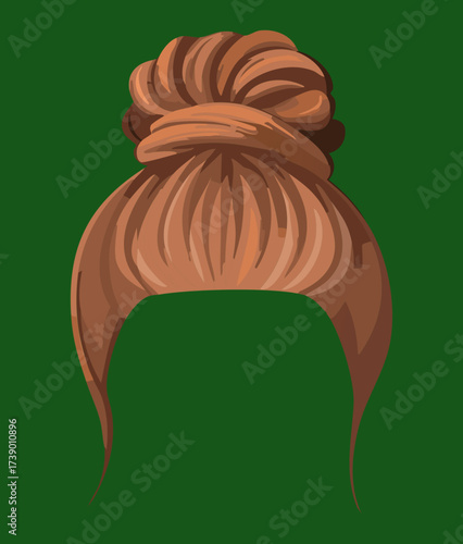 A chic and casual high bun updo with a beautiful messy texture in a stylish auburn hair color