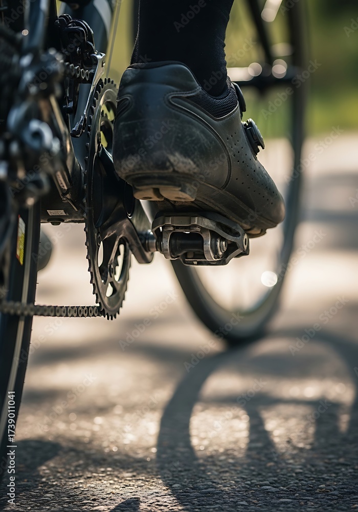 Naklejka premium Cyclist's propulsion: Close-up of pedal stroke and mechanical system on bicycle ride outdoors