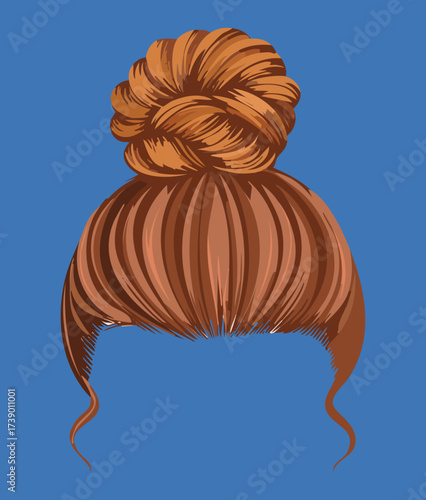 Large sculptural high bun hairstyle with brown and blonde mixed highlights viewed from the back	
