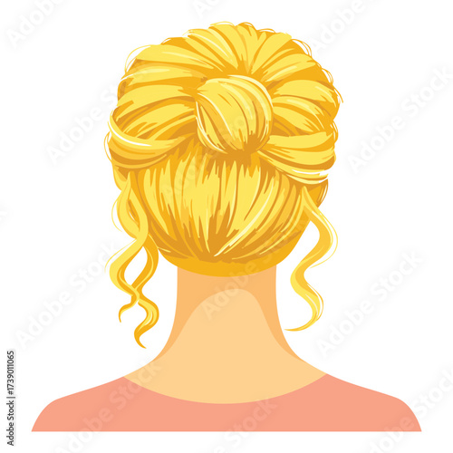 Bright blonde hair styled into a simple, classic, neat low bun seen from the back of a woman's neck	
