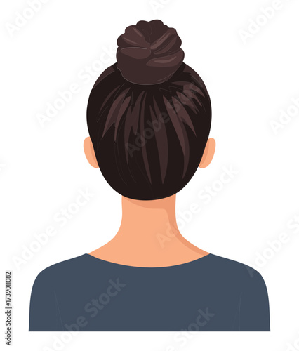 Sleek and polished high top bun hairstyle for dark haired woman seen from the back on a neutral background	