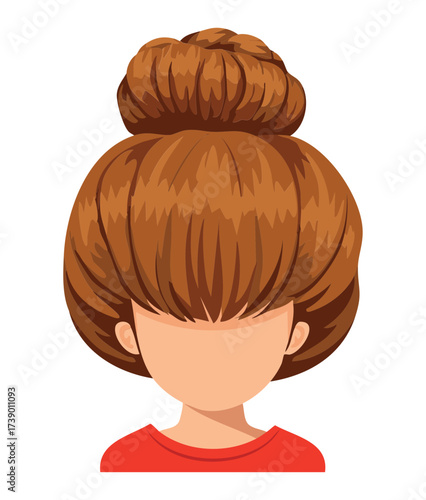 Front portrait of a woman with a large voluminous high bun and full fringe bangs in a warm reddish brown shade	