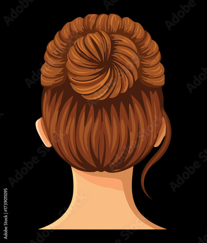 Rear view of a messy top knot bun with soft strands and light brown hair perfect for casual everyday looks	