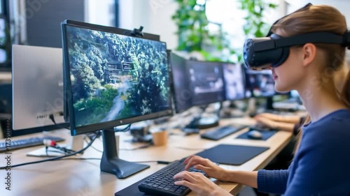 Woman experiencing virtual reality with headset digital environment interaction and computer use