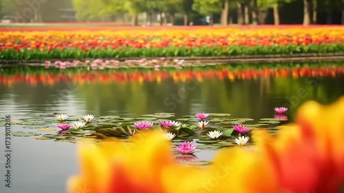 Tranquil water garden with colorful tulip fields and water lilies reflected in a serene pond