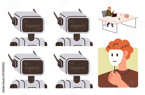 Robots labeled as agents executing tasks person holding mask symbolizing identity. Ideal for AI, robotics, identity, automation, technology, ethics, future workforce. Simple flat metaphor