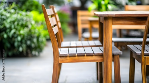 Outdoor wooden table and chairs on a restaurant patio for relaxation