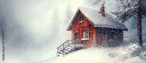 Cozy red cabin in snow winter wonderland, scenic landscape on snowy winter day