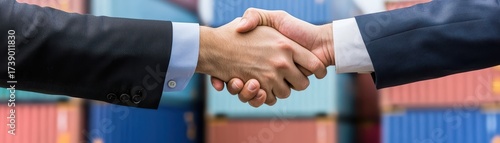 Businessmen Shaking Hands with Cargo Containers in Background Symbolizing Partnership and Global Trade Opportunities