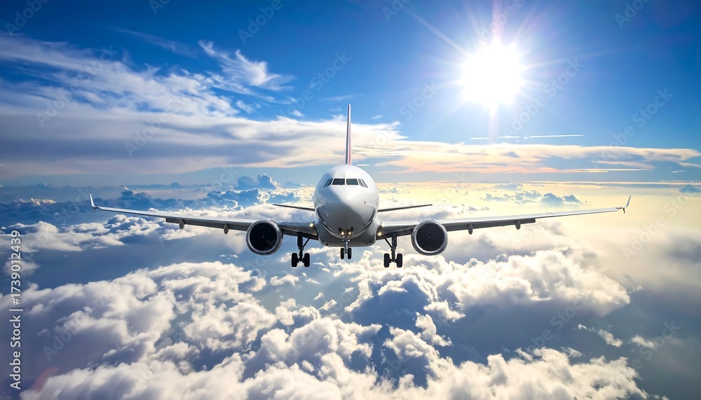 Obraz premium Jetliner above fluffy clouds, sunny day