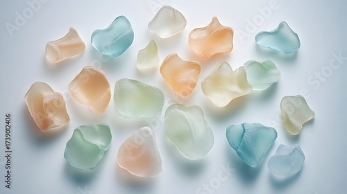 Beautifully arranged frosted glass pieces in pastel colors on a white surface