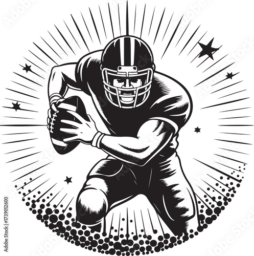 Dynamic football player charging forward with intense focus