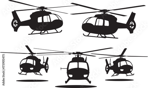 Diverse helicopter silhouettes fly in formation