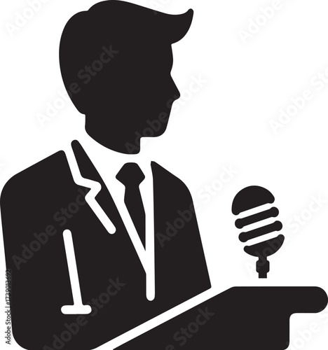 Silhouette of a Speaker at a Podium Delivering a Speech.