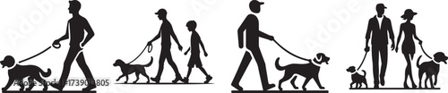 People walking dogs in silhouette vector illustration.