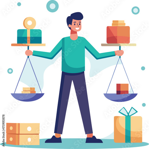 Person Holding Balance Scales with Gift Boxes – Stylized Comparison Scene Featuring Colorful Presents and Abstract Background"
