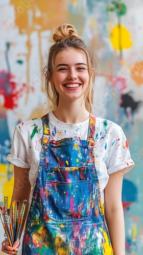 Smiling Woman Artist with Paintbrushes in Art Studio Covered in Colorful Splatter