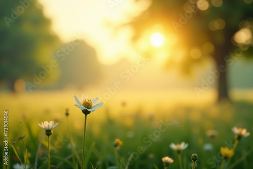 Golden Hour Bloom A Single White Wildflower Stands Tall in a Field of Green, Bathed in the Warm Glow of the Setting Sun, a Peaceful and Serene Natural Scene