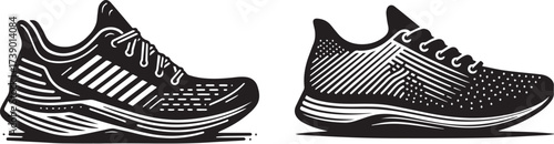 Pair of Athletic Running Shoes in Black and White Illustration.