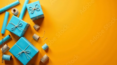 Brightly colored presents and packaging supplies on a vibrant yellow background