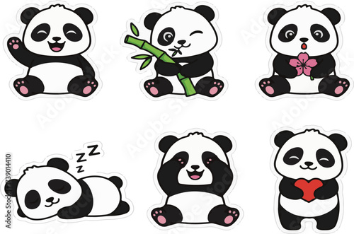 Cute Cartoon Handdrawn Panda Bear Sticker Sheet with Different Expression