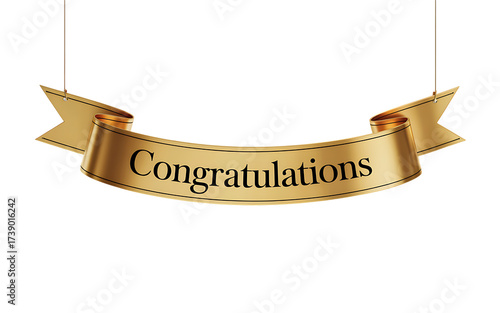 Golden congratulations ribbon banner hanging in celebration festive event isolated on transparent background