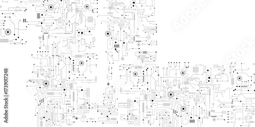 Motherboard seamless pattern or computer circuit board, vector background of microchip texture. 