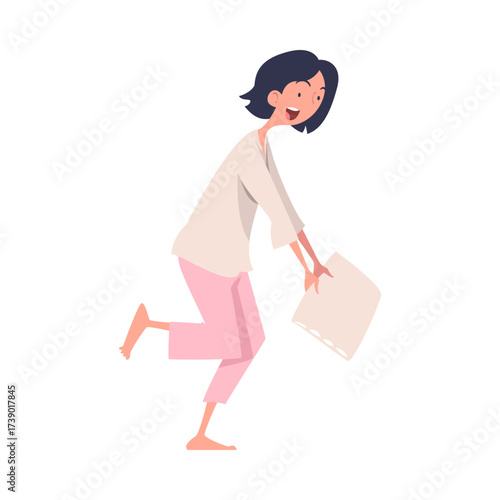 Pajama Party with Woman Character Pillow Fight Vector Illustration