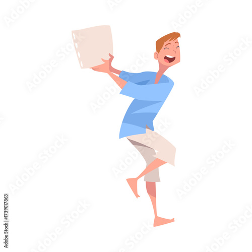 Pajama Party with Man Character Pillow Fight Vector Illustration
