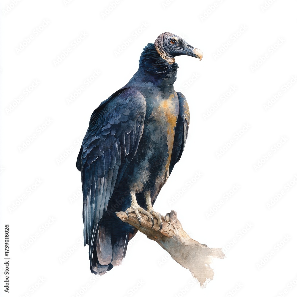 Obraz premium Detailed Illustration of a Black Vulture Perched on a Weathered Branch