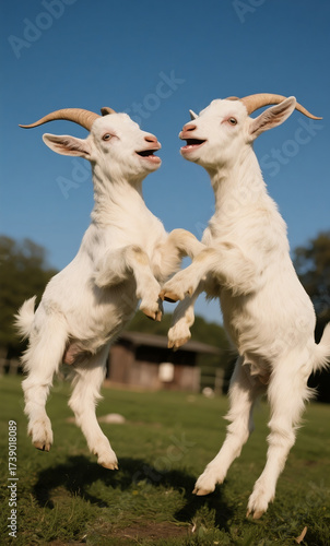 Playful white goats with horns jumping and dancing in a grassy field on a sunny day