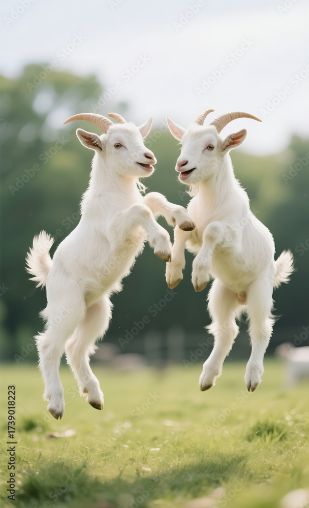 Fototapeta premium Two playful white goats leaping in the air on a grassy field with a soft green background