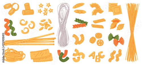 Pasta of Different Shapes as Wheat Food for Cooking Vector Set
