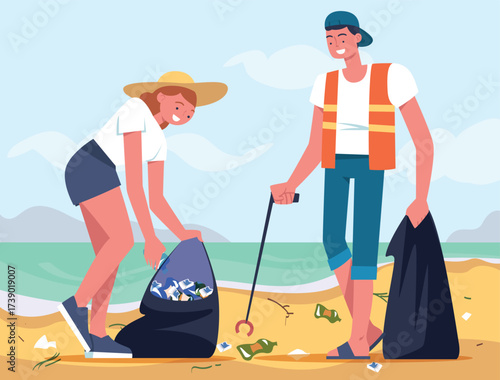 Man and Woman Character Collecting Garbage on Beach Vector Illustration