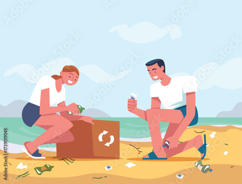 Man and Woman Character Collecting Garbage on Beach Vector Illustration