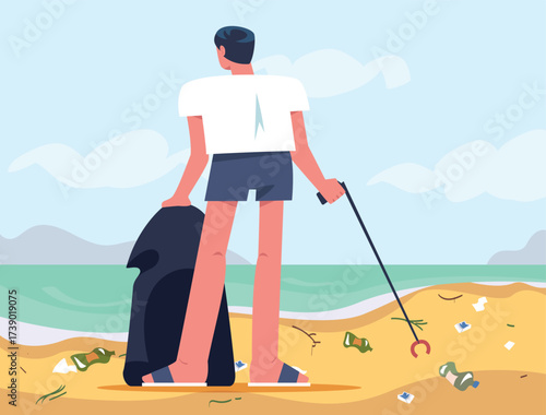 Man Character Collecting Garbage on Beach Vector Illustration