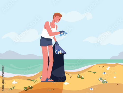 Man Character Collecting Garbage on Beach Vector Illustration