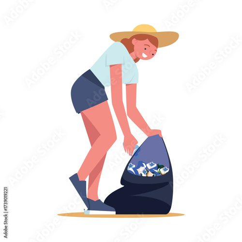 Woman Character Collecting Garbage on Beach in Bag Vector Illustration