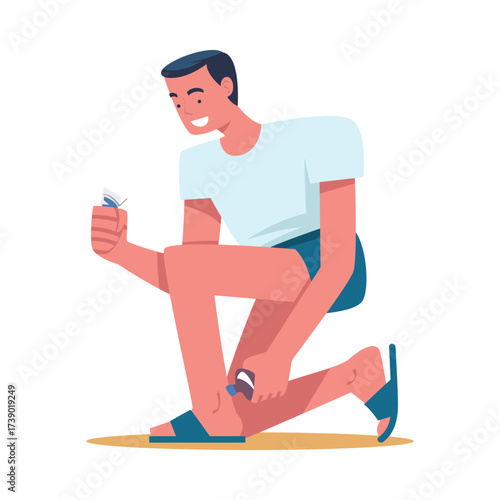 Man Character Collecting Garbage on Beach Vector Illustration