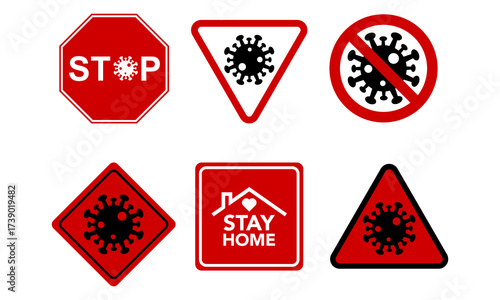 Red COVID Warning Signs Collection Featuring Stop Sign Stay Home and Virus Icons for Public Health Campaigns