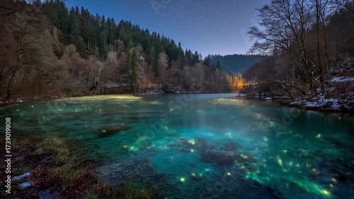Tranquil lake reflecting starlight with forest and night sky background