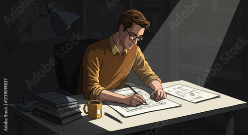 Man working at desk drawing and sketching late at night