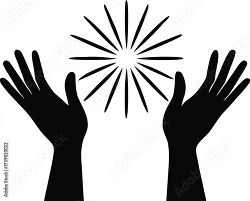  pair of hands reach up towards a burst of light in a silhouette vector illustration for world humanitarian day