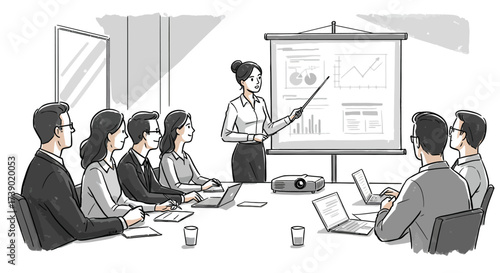 Businesswoman giving a presentation to colleagues in a modern conference room